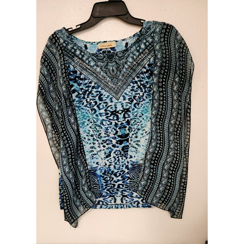 Davina Womens  Blouse Sz M Round Neck With Blue and with stones  Hippie Festival